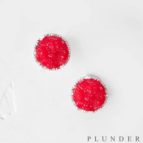 New Plunder "Blake" Red Druzy Stud Earrings (.75") - Picture 2 of 4